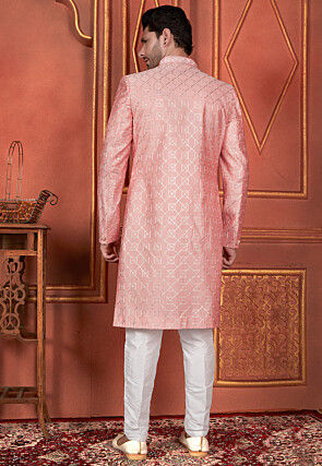 Embroidered Art Silk Layered Sherwani in Peach