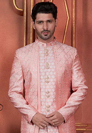 Embroidered Art Silk Layered Sherwani in Peach