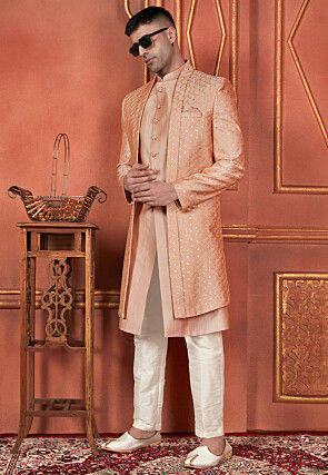 Embroidered Art Silk Sherwani in Peach