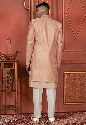 Embroidered Art Silk Sherwani in Peach