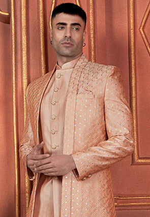 Embroidered Art Silk Sherwani in Peach
