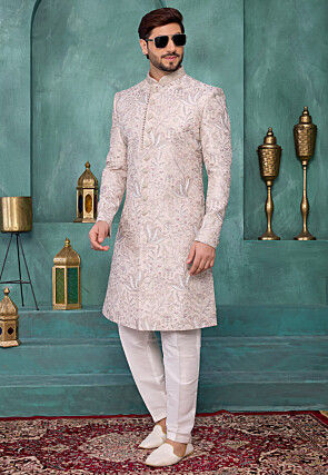 Embroidered Art Silk Sherwani in Pink