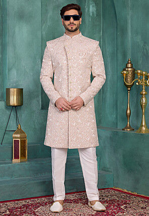Embroidered Art Silk Sherwani in Peach