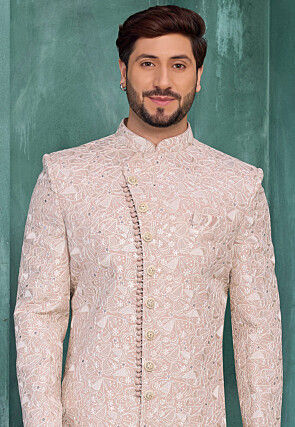 Embroidered Art Silk Sherwani in Peach