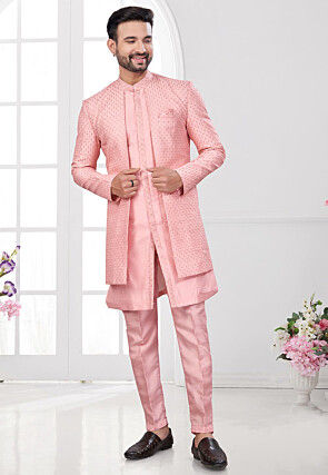Embroidered Art Silk Sherwani in Peach