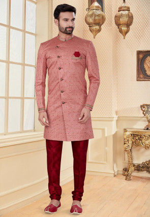 Embroidered Art Silk Sherwani in Peach