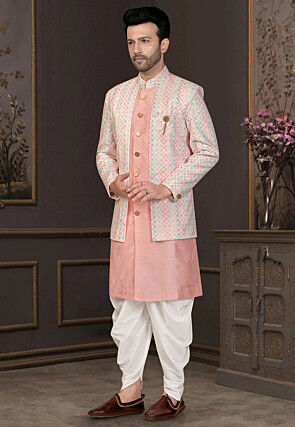 Embroidered Art Silk Sherwani in Peach