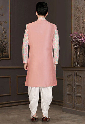 Embroidered Art Silk Sherwani in Peach