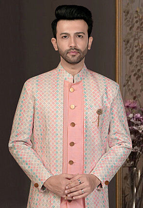Embroidered Art Silk Sherwani in Peach