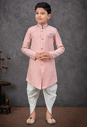 Embroidered Art Silk Sherwani in Peach