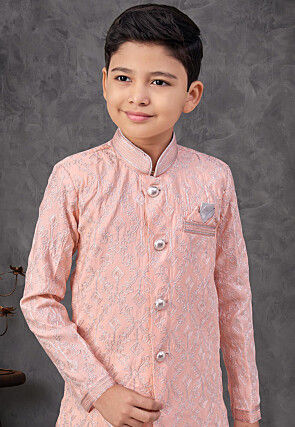 Embroidered Art Silk Sherwani in Peach