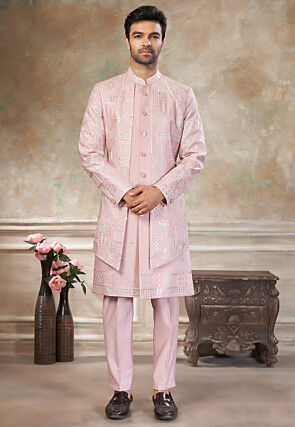 Embroidered Art Silk Jacket Style Sherwani in Pink