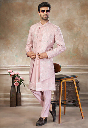 Embroidered Art Silk Jacket Style Sherwani in Pink