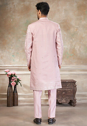 Embroidered Art Silk Jacket Style Sherwani in Pink