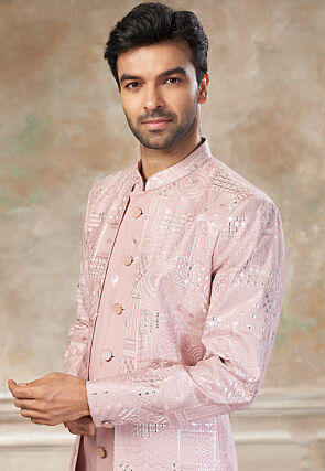 Embroidered Art Silk Jacket Style Sherwani in Pink