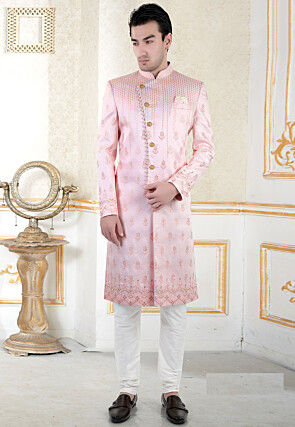Embroidered Art Silk Sherwani in Pink