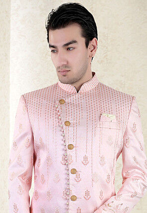 Embroidered Art Silk Sherwani in Pink