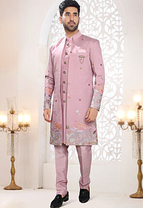 Embroidered Art Silk Sherwani in Pink