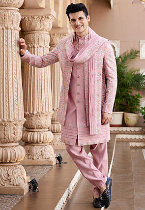 Embroidered Art Silk Sherwani in Pink
