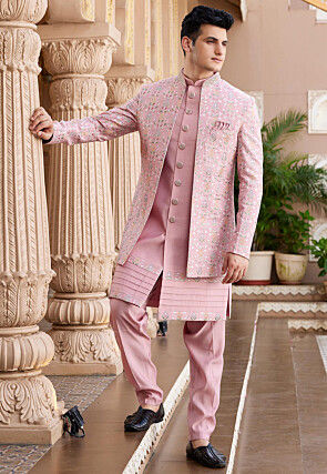Embroidered Art Silk Sherwani in Pink