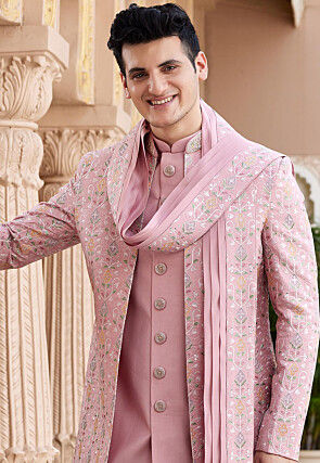 Embroidered Art Silk Sherwani in Pink