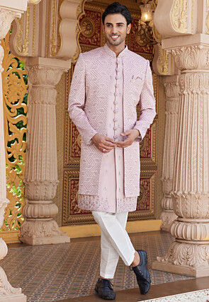 Embroidered Art Silk Sherwani in Pink