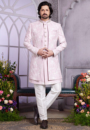 Embroidered Art Silk Sherwani in Pink