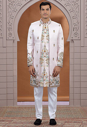 Embroidered Art Silk Sherwani in Pink