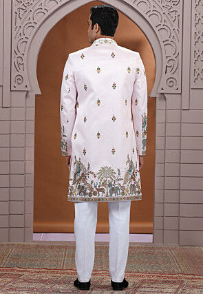 Embroidered Art Silk Sherwani in Pink