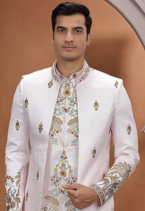 Embroidered Art Silk Sherwani in Pink