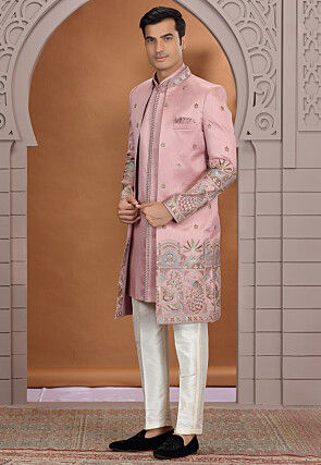 Embroidered Art Silk Sherwani in Pink