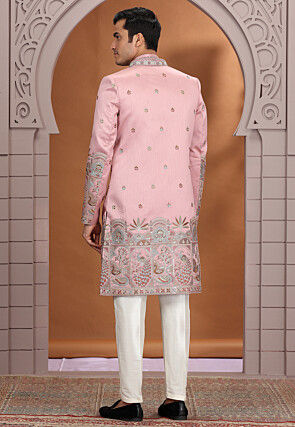 Embroidered Art Silk Sherwani in Pink
