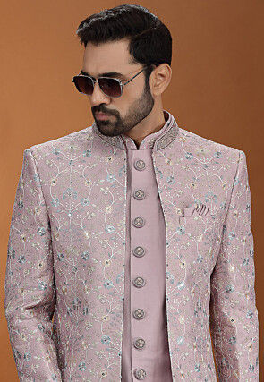 Embroidered Art Silk Sherwani in Purple