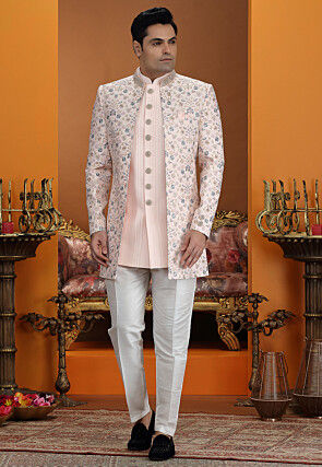Embroidered Art Silk Sherwani in Pink