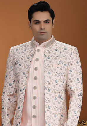 Embroidered Art Silk Sherwani in Pink