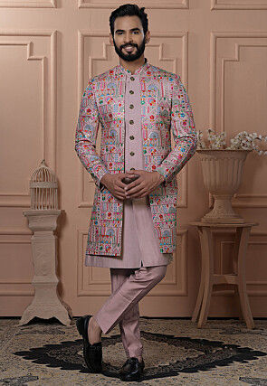 Embroidered Art Silk Sherwani in Pink
