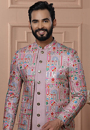 Embroidered Art Silk Sherwani in Pink