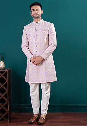 Embroidered Art Silk Sherwani in Pink