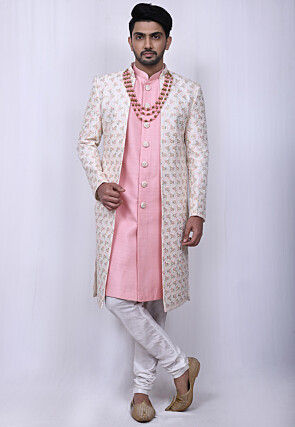 Embroidered Art Silk Sherwani in Pink