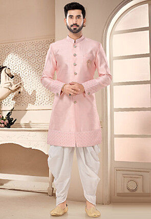 Embroidered Art Silk Sherwani in Pink