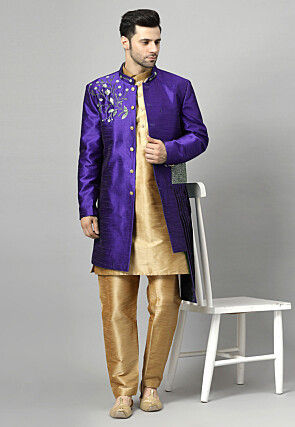 Embroidered Art Silk Sherwani in Purple and Golden