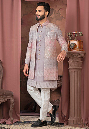 Embroidered Art Silk Sherwani in Purple and Multicolor