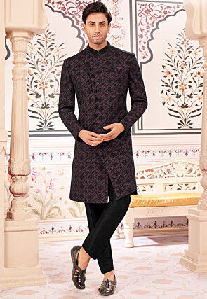 Embroidered Art Silk Sherwani in Purple