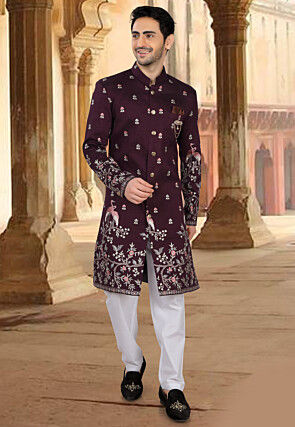 Embroidered Art Silk Sherwani in Purple