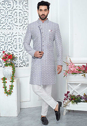 Embroidered Art Silk Sherwani in Purple