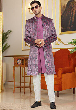 Embroidered Art Silk Sherwani in Purple