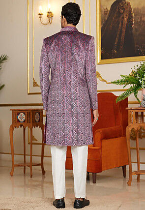 Embroidered Art Silk Sherwani in Purple