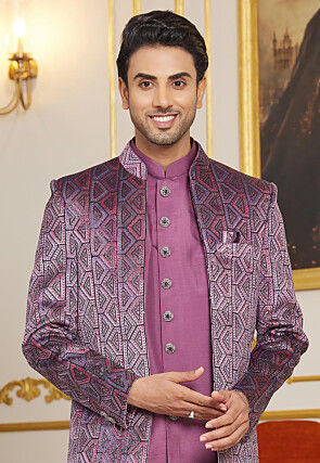 Embroidered Art Silk Sherwani in Purple