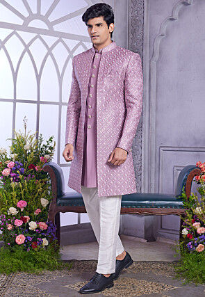 Embroidered Art Silk Sherwani in Purple