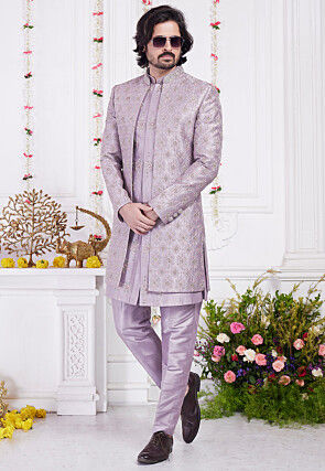 Embroidered Art Silk Sherwani in Purple